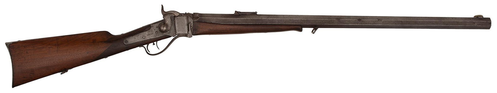 Sharps Model 1874 Heavy Barrel Buffalo Rifle: 45 caliber, 30" heavy octagonal barrel, C, 44343, double set triggers, checkered stock and forearm with double screws. Blade front sight, Lawrence rear barrel sight. Sling swivels on the forearm and s