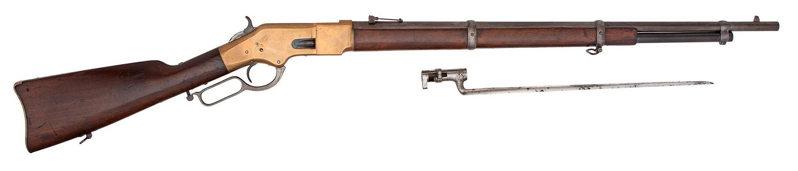 Winchester Model 1866 Third Model Musket With Angular Bayonet: 44 RF caliber, 27" barrel, S/N 30403. 900 yard Henry style rear barrel sight. The barrel and magazine tube finished in blue with brass frame and walnut stock and forearm. The barrel and magazine tube 