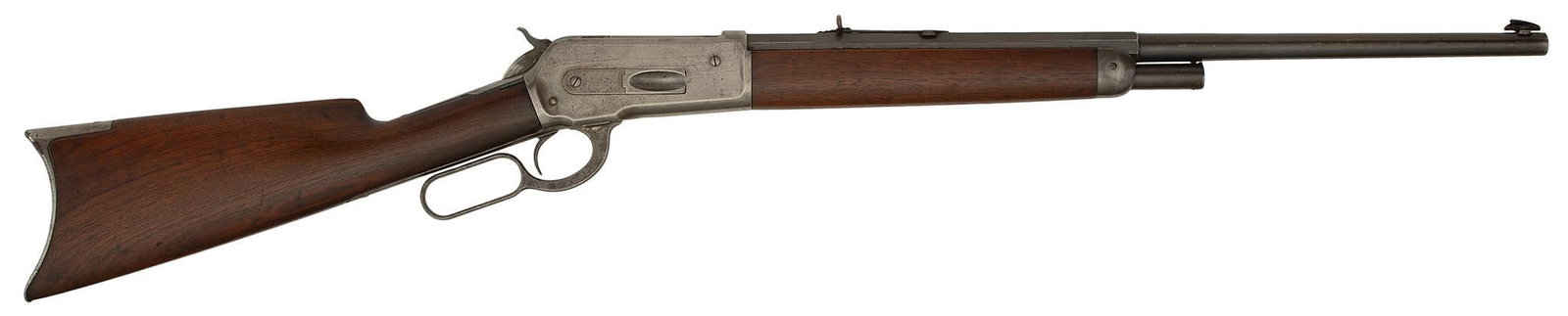 Winchester Model 1886 Rifle: .40-82 caliber, 23" half octagonal to round barrel, S/N 76573. Features a half magazine. The barrel has some original blue finish and has been shortened. **The frame is mostly silvery gray. The stock 