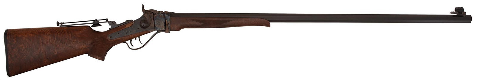 Old Reliable Shiloh Long Range Sharps Deluxe Rifle Special Order: 45 2 3/4 caliber, 34" octagonal barrel, S/N 4717. Rear long range tang sight, front spirit level sight. Double set triggers with checkered bottom steel tang, blue barrel, case colored action. Fancy de