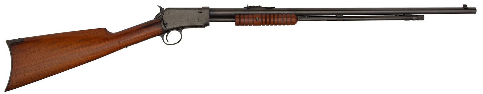 ** Winchester Model 90 Rifle: .22 short caliber, 23" round barrel, S/N 854458. Blued finish with walnut stock and grooved forearm. Blade front sight with adjustable leaf rear sight. **Stock and forearm are very good with minor nic
