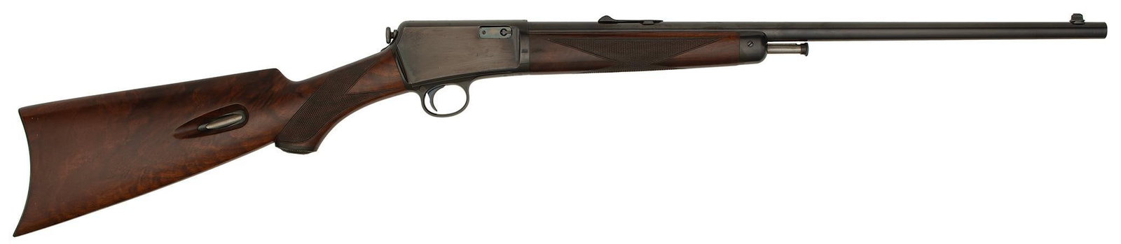 ** Winchester Model 1903 Extra Deluxe Rifle: .22 Auto caliber, 20" barrel, flat crown, S/N 11838. No factory proof on the barrel or the receiver. Blue finish, Lyman marked on the front sight dovetail. Oil-finished deluxe checkered pistol-grip