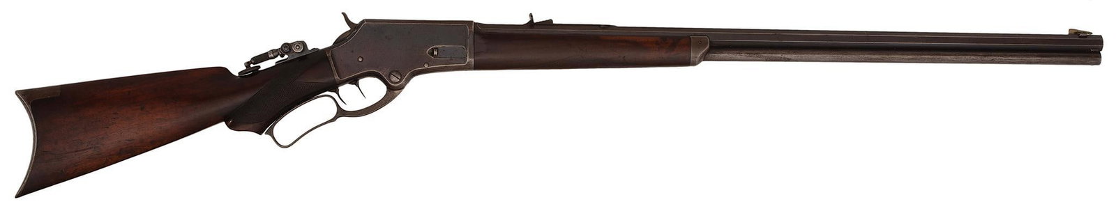 Deluxe Marlin Model 1881 Lever Action Rifle: 38-55 caliber, 27" octagonal barrel with full magazine, S/N 14312. Standard rear barrel sight, front blade, rear tang sight. Double set triggers. Blue finish, with select walnut checkered pistol grip 
