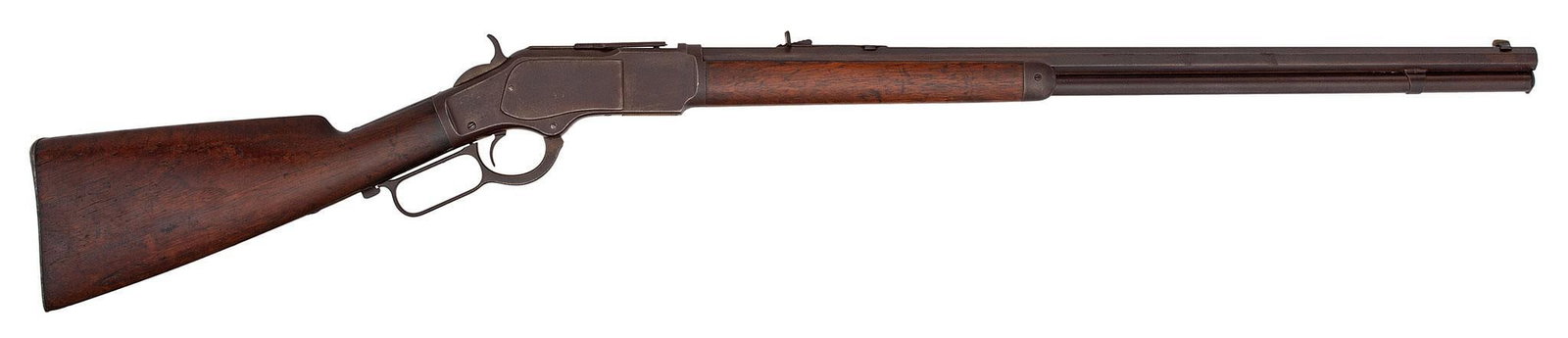 Winchester Model 1873 Lever Action Rifle: .22 short caliber, 26" barrel, S/N 201341B. Blue finish, walnut forearm with walnut stock and shotgun butt. The barrel is marked 22 cal, the cartridge lifter is marked 22 short cal. One in screw in th