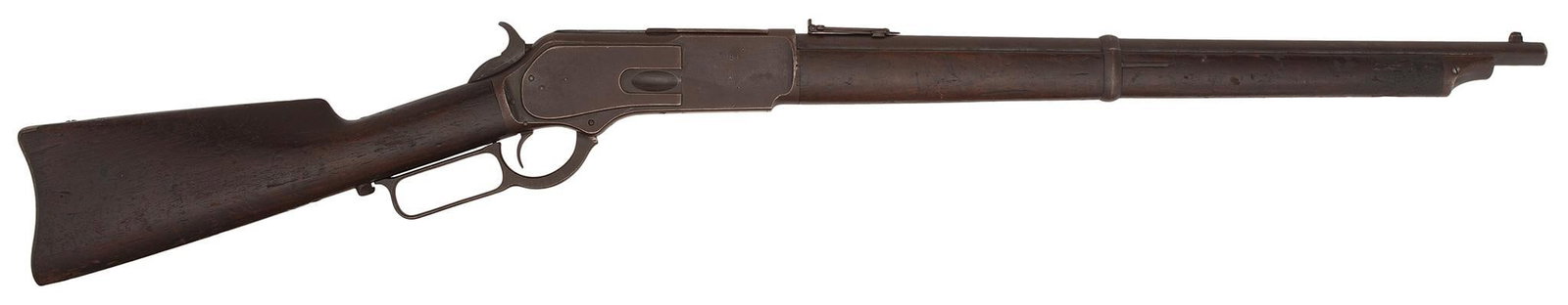 Rare Winchester Model 1876 Saddle Ring Carbine Marked AMEXCo 168: .40-60 caliber, 22" barrel, S/N 53232. Blue finish, walnut stock and forearm. The left side of the frame marked in three places AMEXCo 168. The barrel and forearm are a little loose but intact. All me