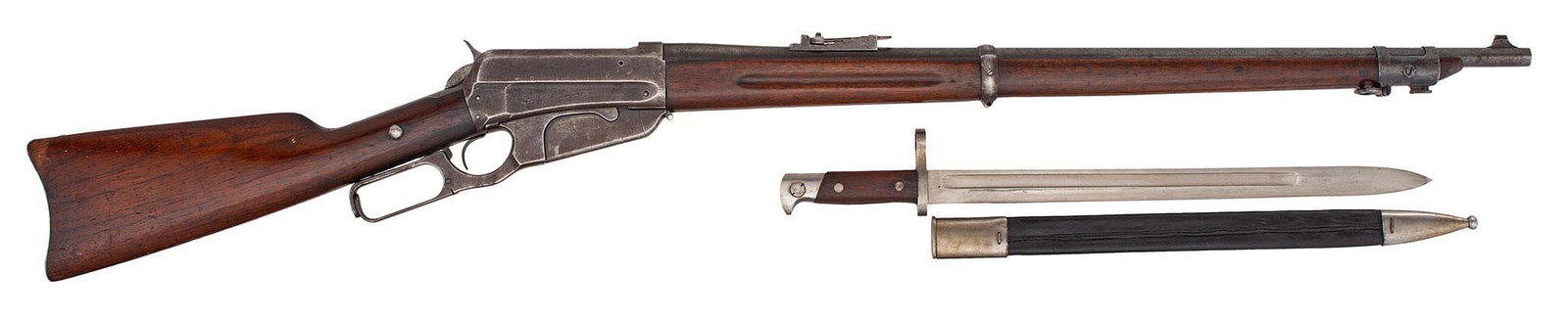 Winchester Model 1895 Lever Action Rifle Musket with Bayonet (Anitque): 30-40 caliber, 28" barrel, S/N 17302. Marked "U.S." on the top of the frame. Marked on the top of the barrel near the frame "KSM 30 U.S." Missing the handguard, walnut stock and forearm. All metal is 