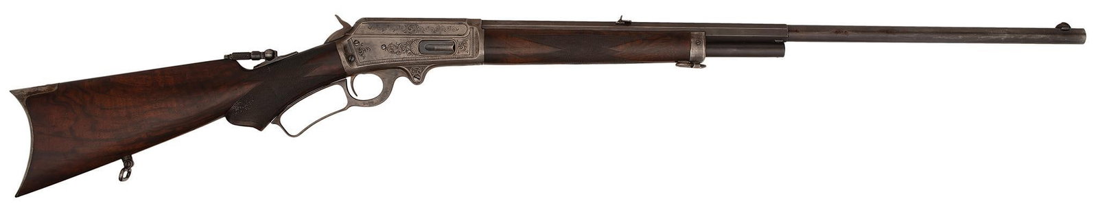 Factory Engraved Grade 3 Marlin Model 1893 Lever Action Rifle (Antique): 38-56 caliber, 27 1/2" octagonal to round barrel, S/N 111393. Circa 1894, half magazine. Blade front sight, rear folding barrel sight, a Lyman tang sight. Engraved in a style #3 with stag panel on the