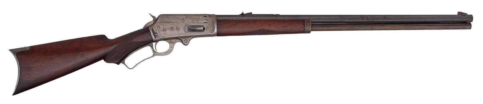 Factory Engraved Deluxe Model 1895 Marlin Rifle: 45-70 caliber, 27" octagonal barrel with full magazine, S/N 137984. Standard rear barrel sight, front blade sight. Blue and case colored finish. Checkered pistol grip stock and checkered forearm. **Th
