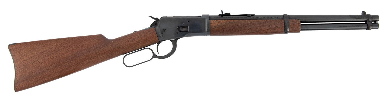 * Winchester Model 1892: .45 Colt caliber, 16" barrel with full magazine, S/N 00437MY92C. Marked on the upper tang behind the safety Winchester Model 1892. Blue finish, walnut stock and forearm. This carbine is like new. Mint