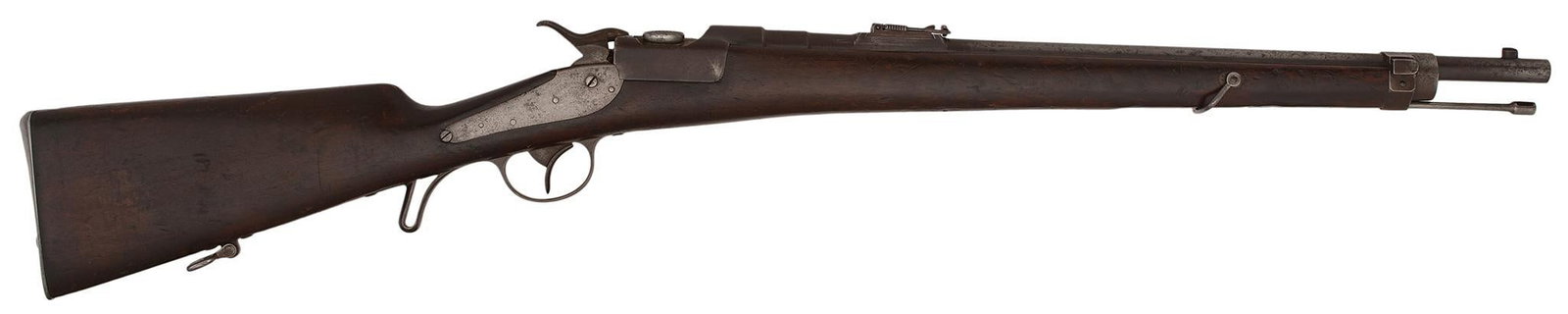Werndl Finanz Gew 1873/77 Carbine: 11.44 MM rimmed caliber, 22" barrel, S/N 1866H. All serial numbers match on the breechblock and breech, and the rear sight base. Blue finish with walnut stock. The barrel and breech with nice blue fin