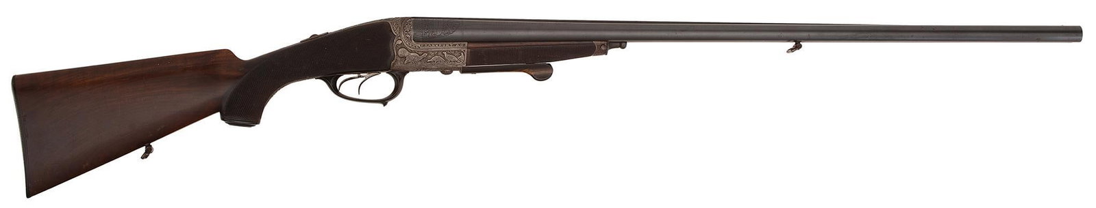 ** W. Collath Sohne Double Barrel Shotgun: 16 gauge, 29" barrels, S/N 22308. Chokes are full/full. Blue barrels with deep relief engraving at the breech. The frame is finished in the gray with deep relief engraving of rabbits and birds. Finely