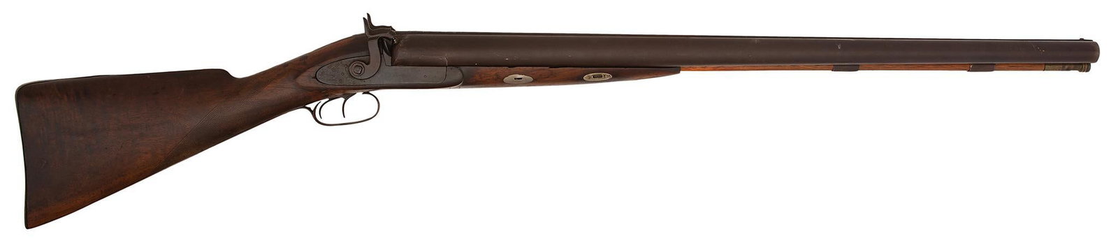 Percussion Side by Side Shotgun by A. Wurfflein: 10 gauge, 32" barrels. Marked on the right lockplate A. Wurfflein, on the left lockplate marked Philadelphia. Double wedge stock. German silver escutcheons, iron triggerguard. All metal has a nice eve