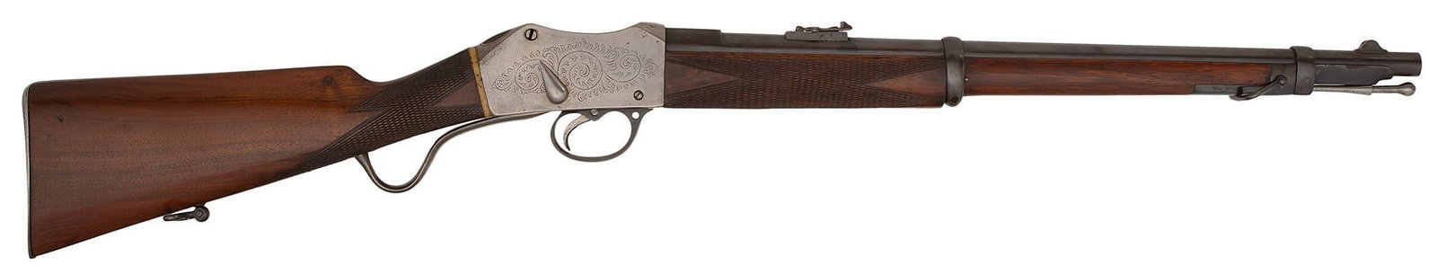 British Martini Henry Sporting Short Rifle: 577/450 caliber, 21.5" matted top barrel, NSN. Factory engraved frame with scroll work done on both sides. A thumb rest on the back of the frame. Highly polished and blued barrel. Top of the barrel ma