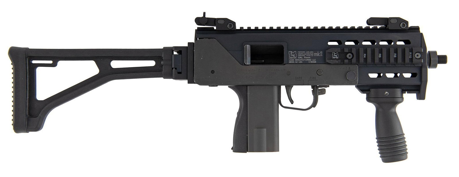 ***MG MAX 10/9 MK2 and Suppressor: 9mm caliber, 5.75" barrel length, threaded, with an overall length of 11", S/N A604408. Right side of the barrel marked "Max-10/9 MK2" over "9mm" over address. Right side of lower receiver marked "Ing