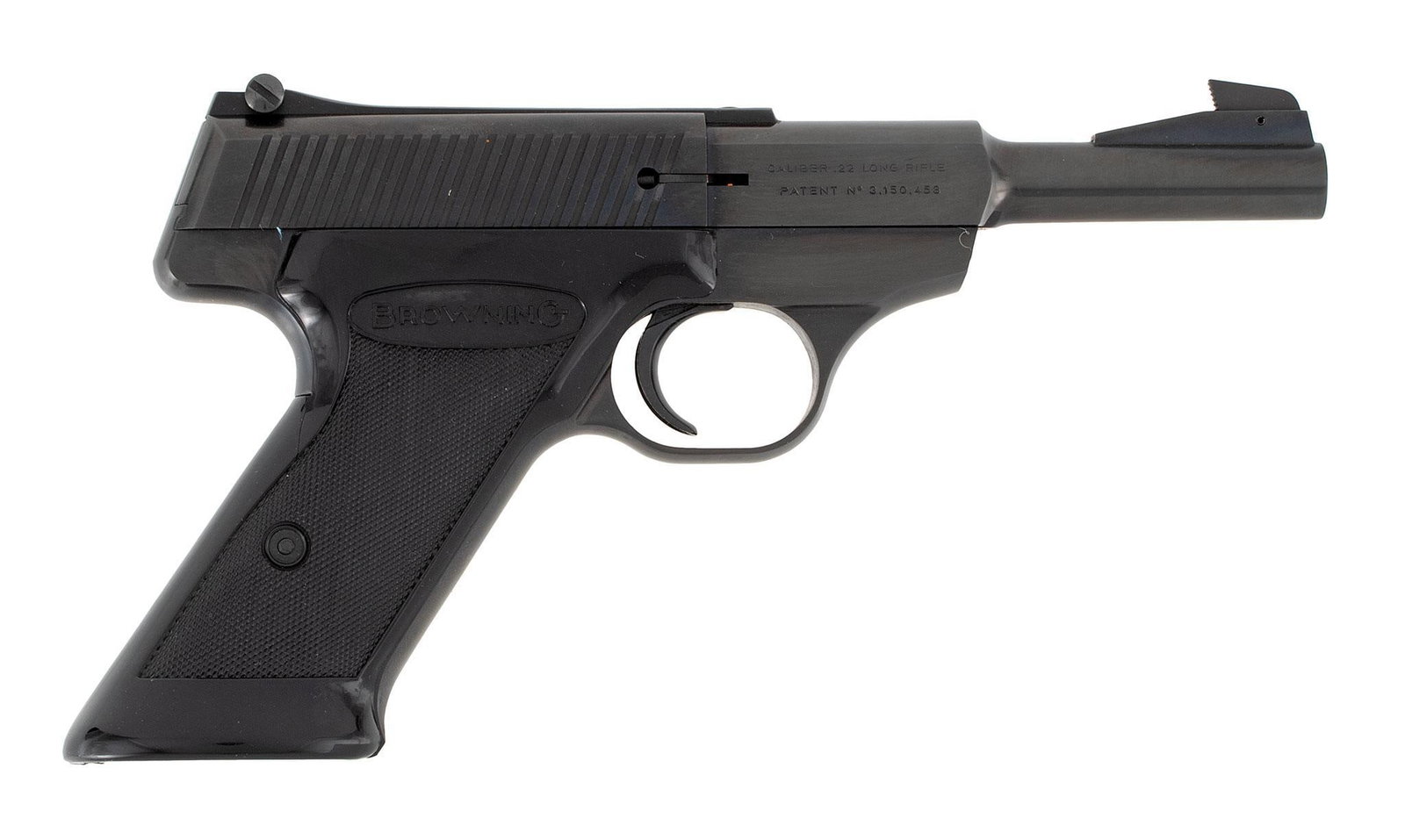 ** Browning "Nomad" Semi-Auto Pistol: .22 Long Rifle caliber, 4.5" barrel length, S/N 6610P69. Left side of the slide with proof mark. Left side of the frame marked in 4 lines with address over "Made in Belgium." Right side of the frame m