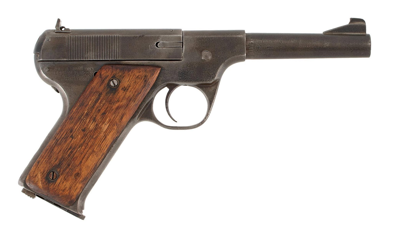 ** Fiala Arms Model 1920 Pistol: .22 long rifle caliber, 3" barrel length, S/N 4289. Logo marking on the left side of the frame. Manufacture and patent marked on the right side of the frame in 4 lines. Front ramp to blade sight and r