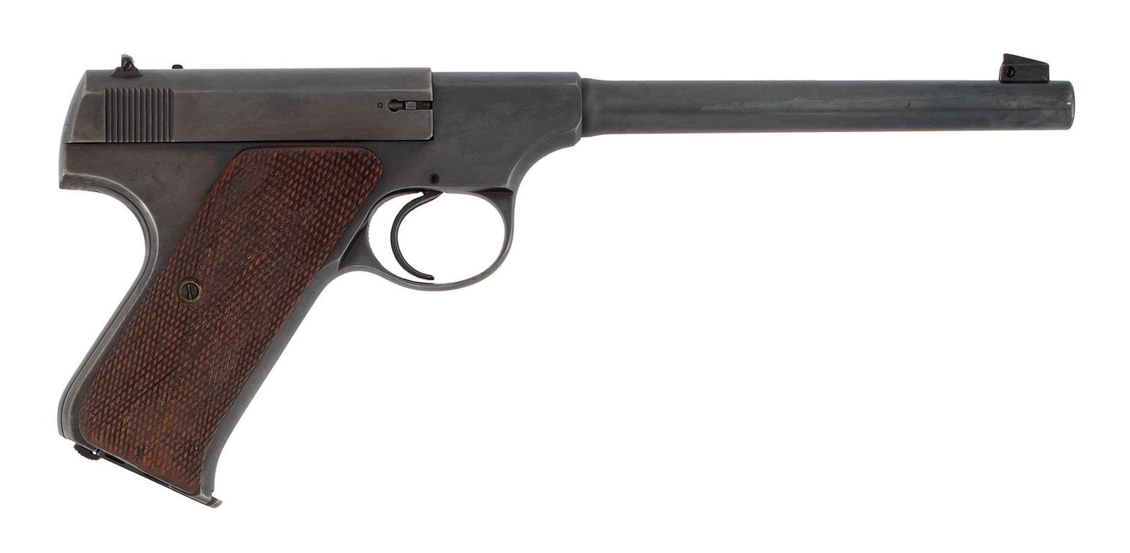 ** Colt Woodsman Pistol: .22 LR caliber, 6.5" barrel, S/N 76232. Blue finish, checkered walnut grips. Target-style sights. **The blue finish has tarnished to a blue-brown look; all markings are sharp and crisp. The bore is br