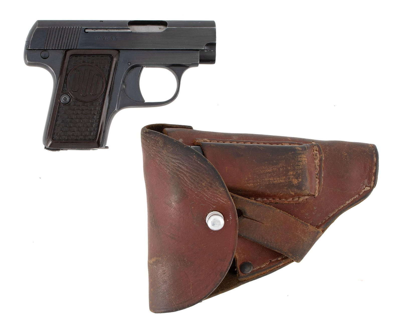 ** CZ "DUO" Semi Automatic Pistol: 6.35mm caliber, 2" barrel length, S/N 109459. Left side of the slide marked "Automat Pistole "DUO" Cal. 6.35" over "F. Dusek Opotschno." Proof marked over "44." Right side of the slide marked with ser