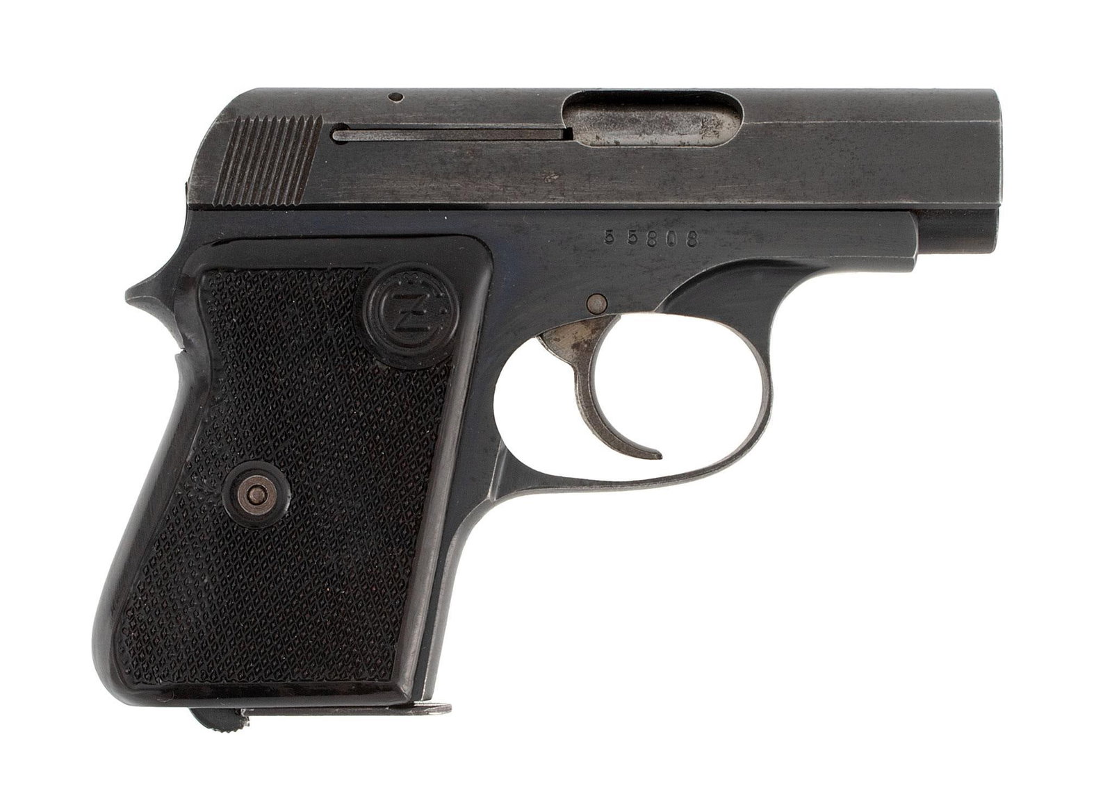 **CZ Model 45 Semi Automatic Pistol: 6.35mm caliber, 2.5" barrel length, S/N 55808. Left side of the slide marked with logo next to "Ceska Zbrojovka-Narodni Podnik" next to "6.35." Left side of the frame marked "Made in Czechoslovakia." 