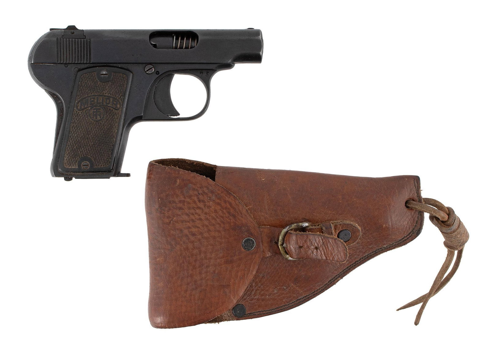 ** Melior Pocket Semi-Auto Pistol: 6.35 caliber, 2.5" barrel, S/N 96716. Blue finish, hard rubber grips with Melior logo. In a military-style small holster. **The pistol retains a lot of the blue finish. Overall very good.