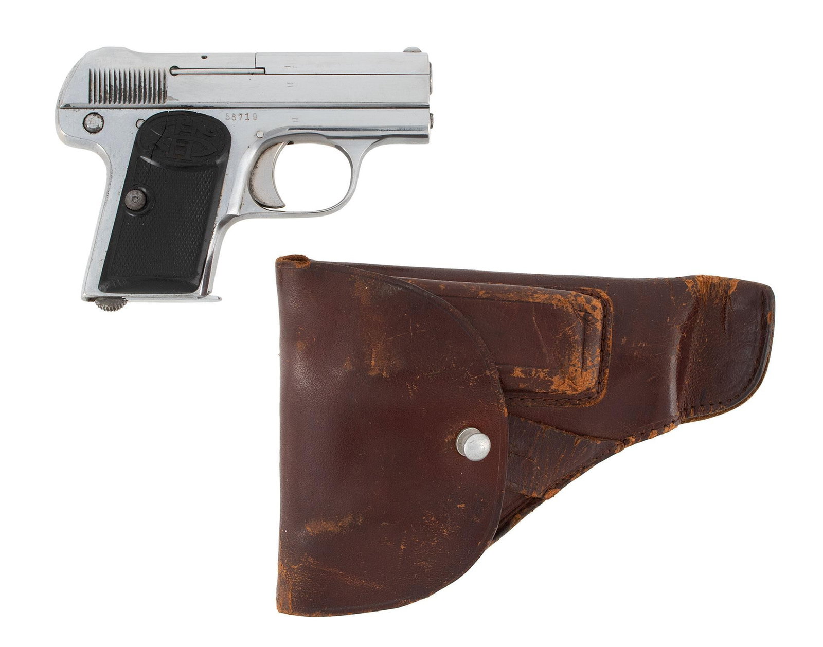 ** Haenel Schmeisser Model 1 Pistol in Leather Holster: .25 ACP caliber, 2" barrel length, S/N 58719. Left side of the barrel with single line address next to patent. Right side of the frame marked with serial number. Grooved sight all the way down the fra