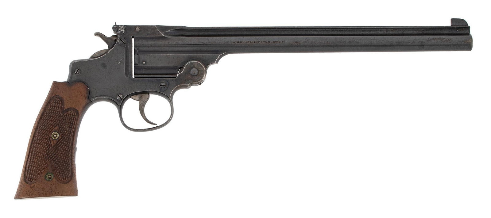 ** Smith and Wesson Third Model Single Shot Pistol: .22 LR caliber, 10" barrel length, S/N 10155. Left side of the barrel marked "Smith & Wesson." Left side of the frame marked with small S&W logo trademark. Right side of the barrel marked with