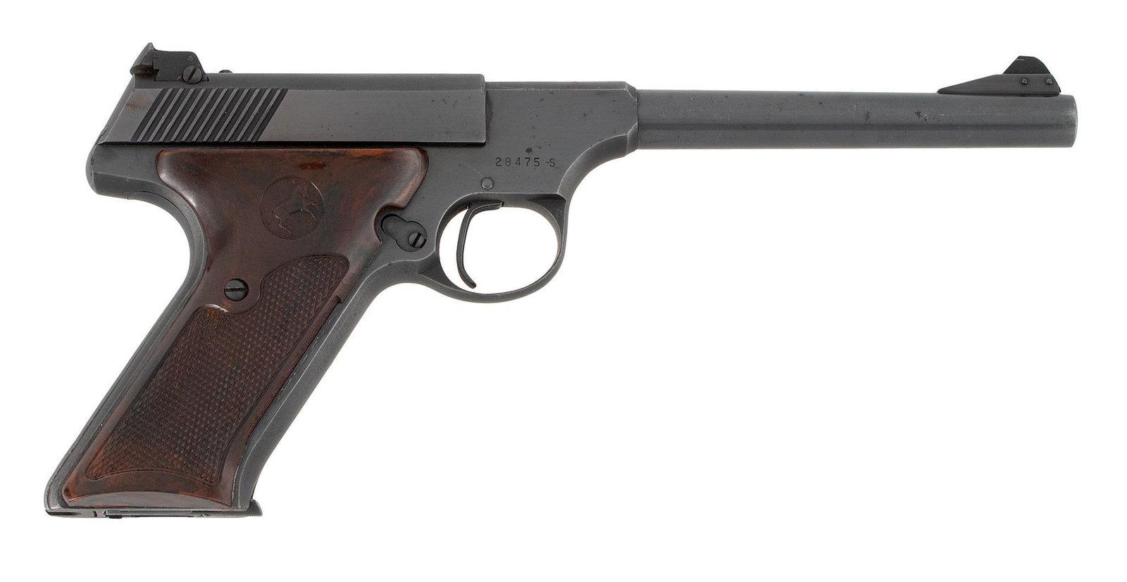 ** Colt Woodsman Target Pistol: .22 Long Rifle caliber, 6" barrel length, S/N 28475-S. Left side of the barrel marked with single-line address. Left side of frame marked with Rampant Colt logo over "Woodsman." Left side of the slide