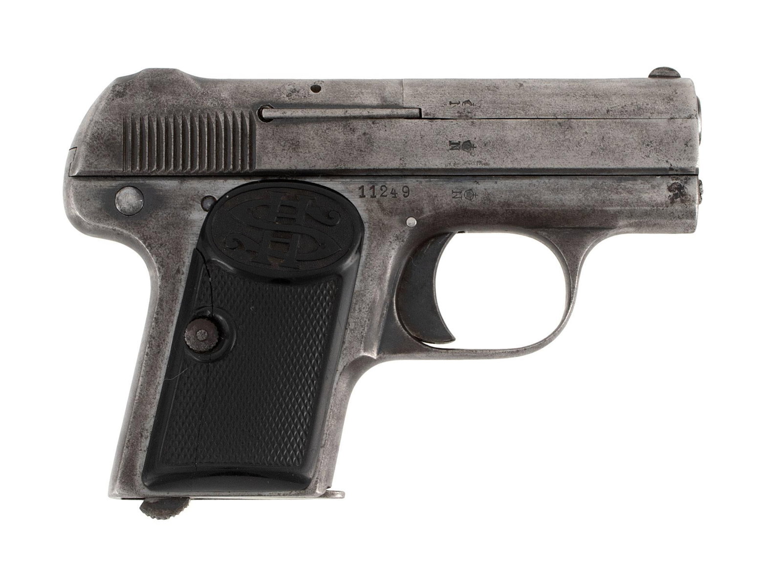 ** Haenel Schmeisser Model 1 Pistol: 6.35 caliber, 2" barrel length, S/N 11249. Left side of the slide marked "Co. Haenel, Suhl, Germany, Schmeisser's Patent." Left side of the frame marked "F." Right side of the slide and frame marked w