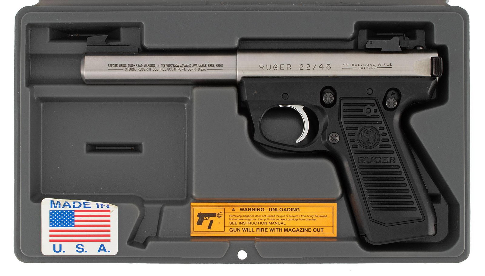 * Ruger Mark II 22/45 Target Pistol in Hard Shell Case: .22 long rifle caliber, 5.5" barrel length, S/N 220-37935. Left side of the barrel marked with address. Left side of the frame marked "Ruger" next to "22/45" next to caliber markings over "Target". Ri