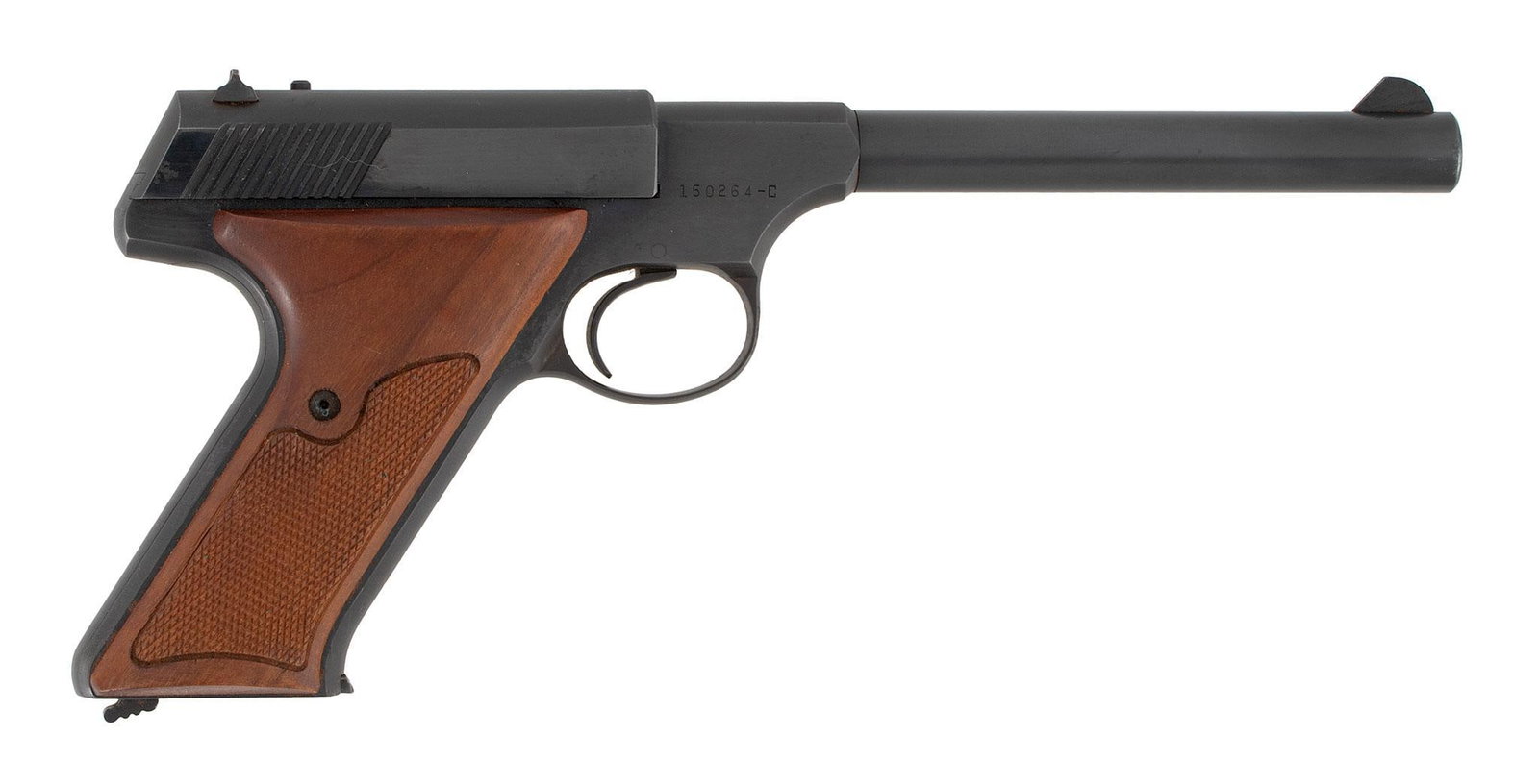 ** Colt Huntsman Target Pistol: .22 Long Rifle caliber, 6" barrel length, S/N 150264-C. Left side of the barrel marked with single-line Hartford address. Left side of the frame marked with Rampant Colt logo over "Huntsman." Left sid
