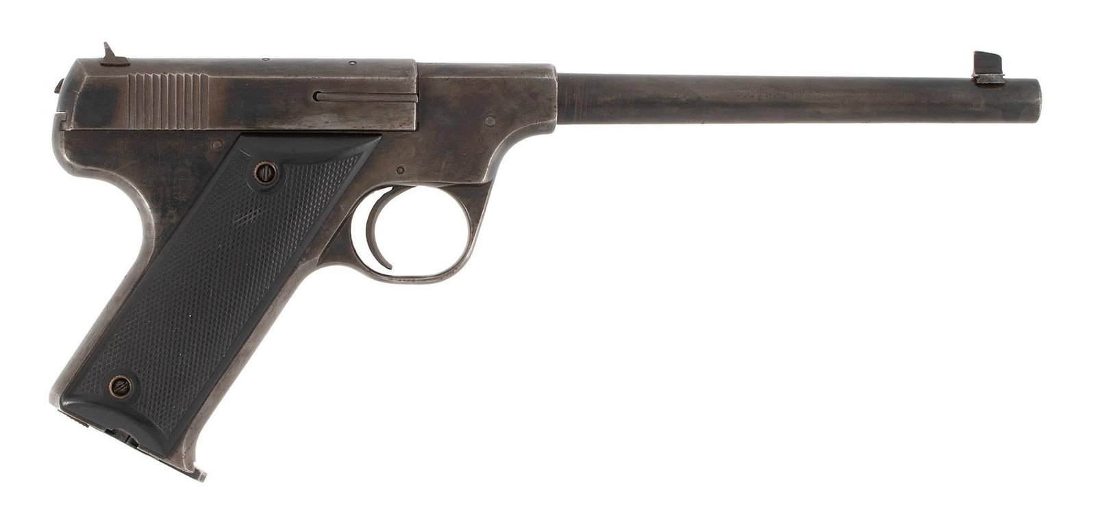** Hartford Arms Model 1925 Pistol: .22 long rifle caliber, 7" barrel length, S/N 618. Left side of the frame marked with manufacturer, address, patent, and caliber. Front blade sight and rear notched sight. Blue finish with black check
