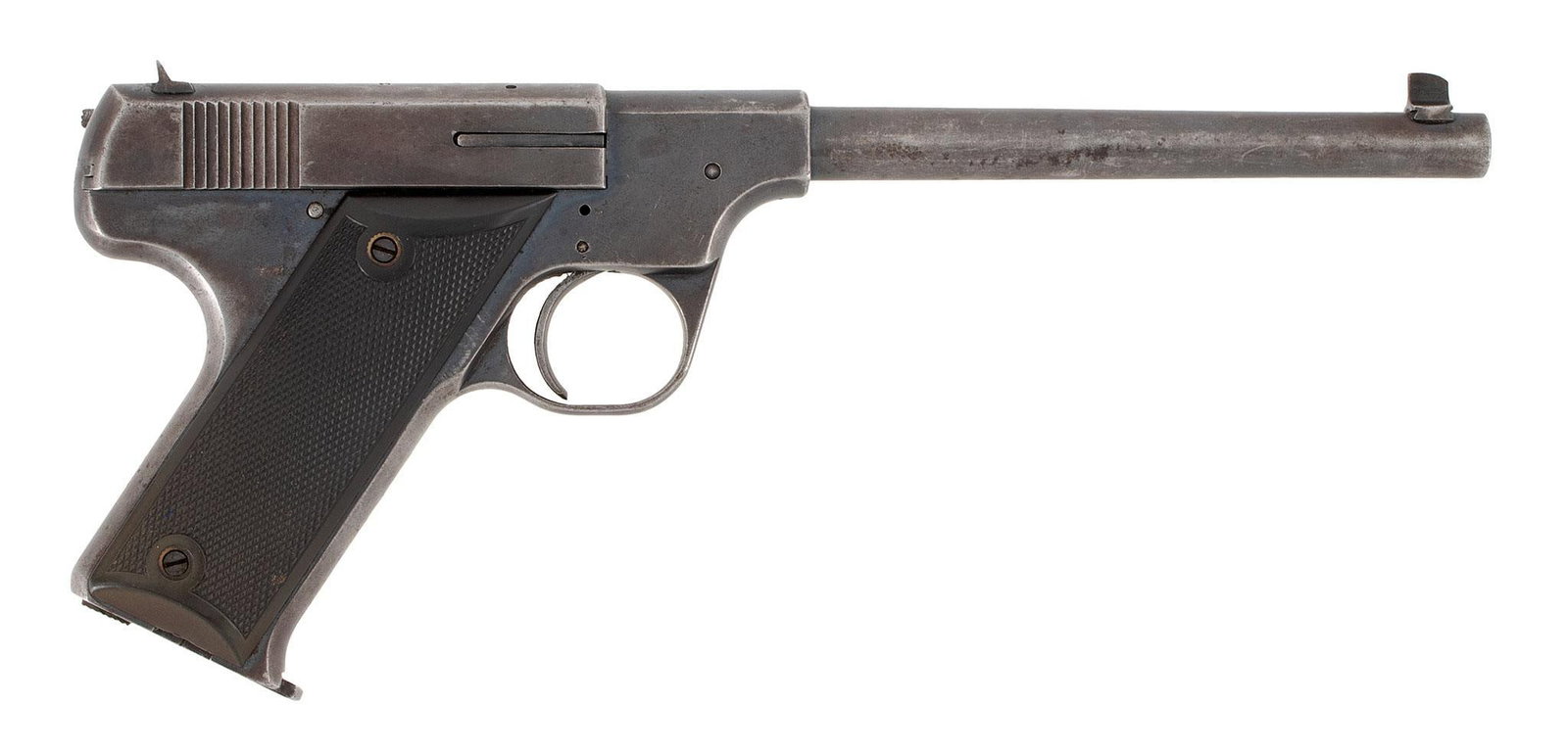 ** Hartford Arms Model 1925 Pistol: .22 Long Rifle caliber, 7" barrel length, S/N 2682. Left side of the frame marked in 4 lines with address over patent over caliber markings. Front blade sight and rear notched sight. Blue finish with 