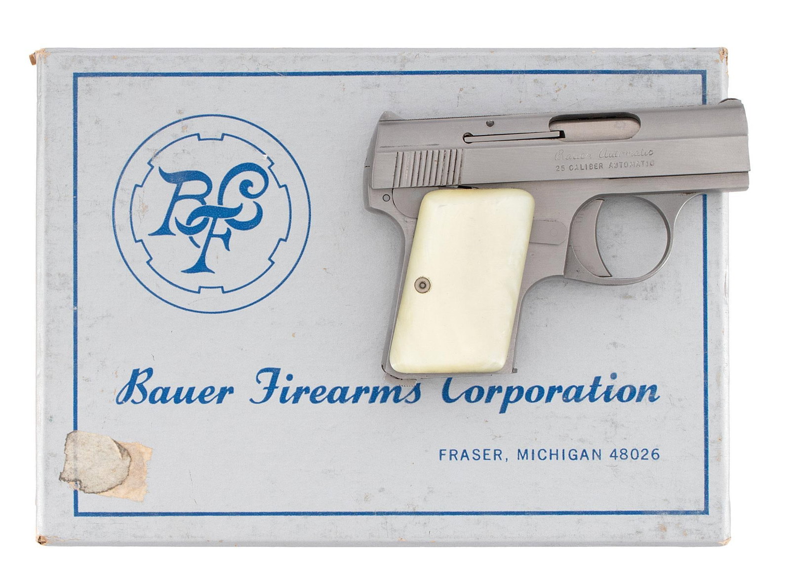 * Bauer Firearms Semi-Auto Pistol: .25 ACP caliber, 2 1/8" barrel, S/N 007563. Stainless steel, pearlite grips, in original box with the original zipper pouch. Like new in the box.