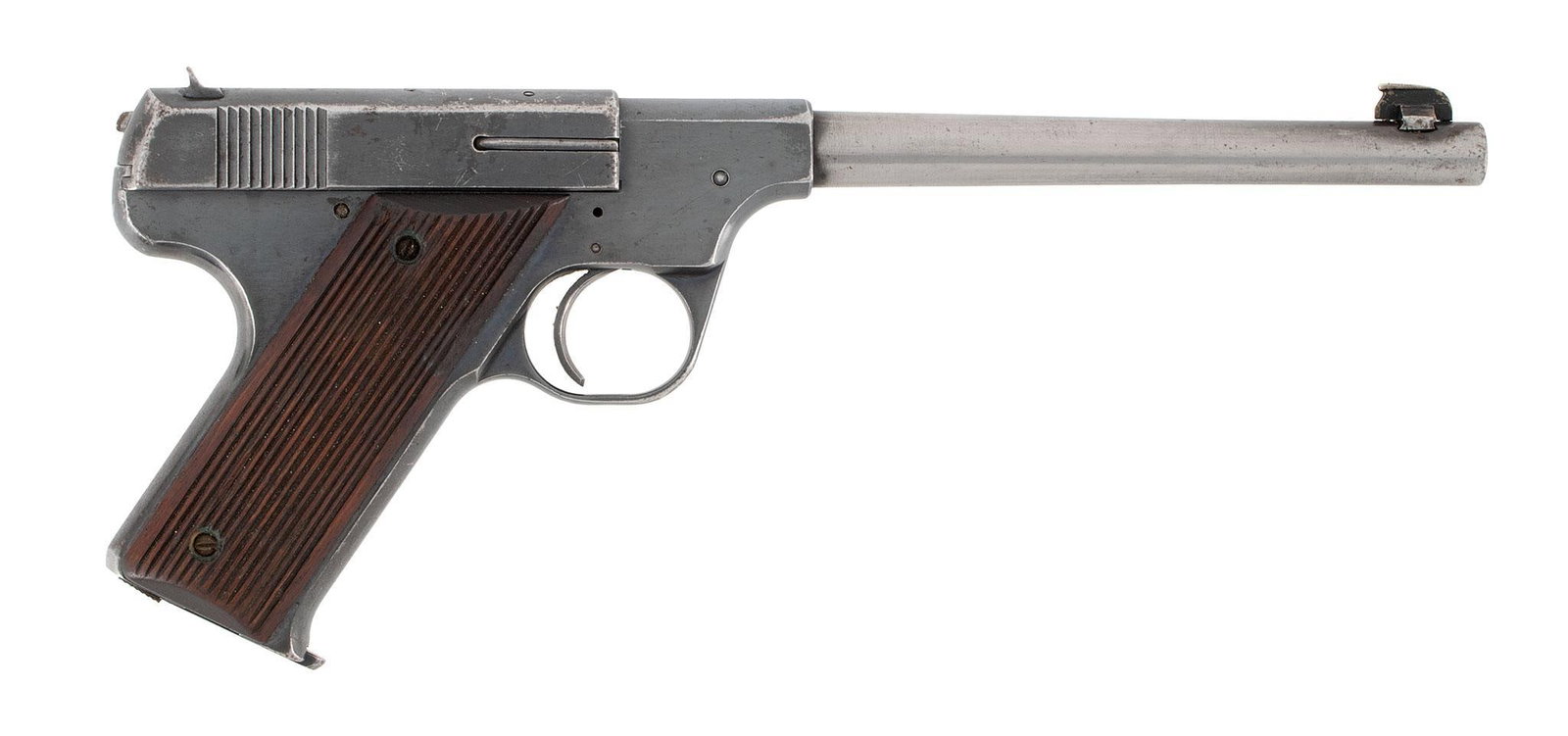 ** Hartford Arms Model 1925 Pistol: .22 Long Rifle caliber, 7" barrel length, S/N 2561. Left side of the frame marked in 4 line with address over patent over caliber markings. Front blade sight and rear notched sight. Blue finish with g