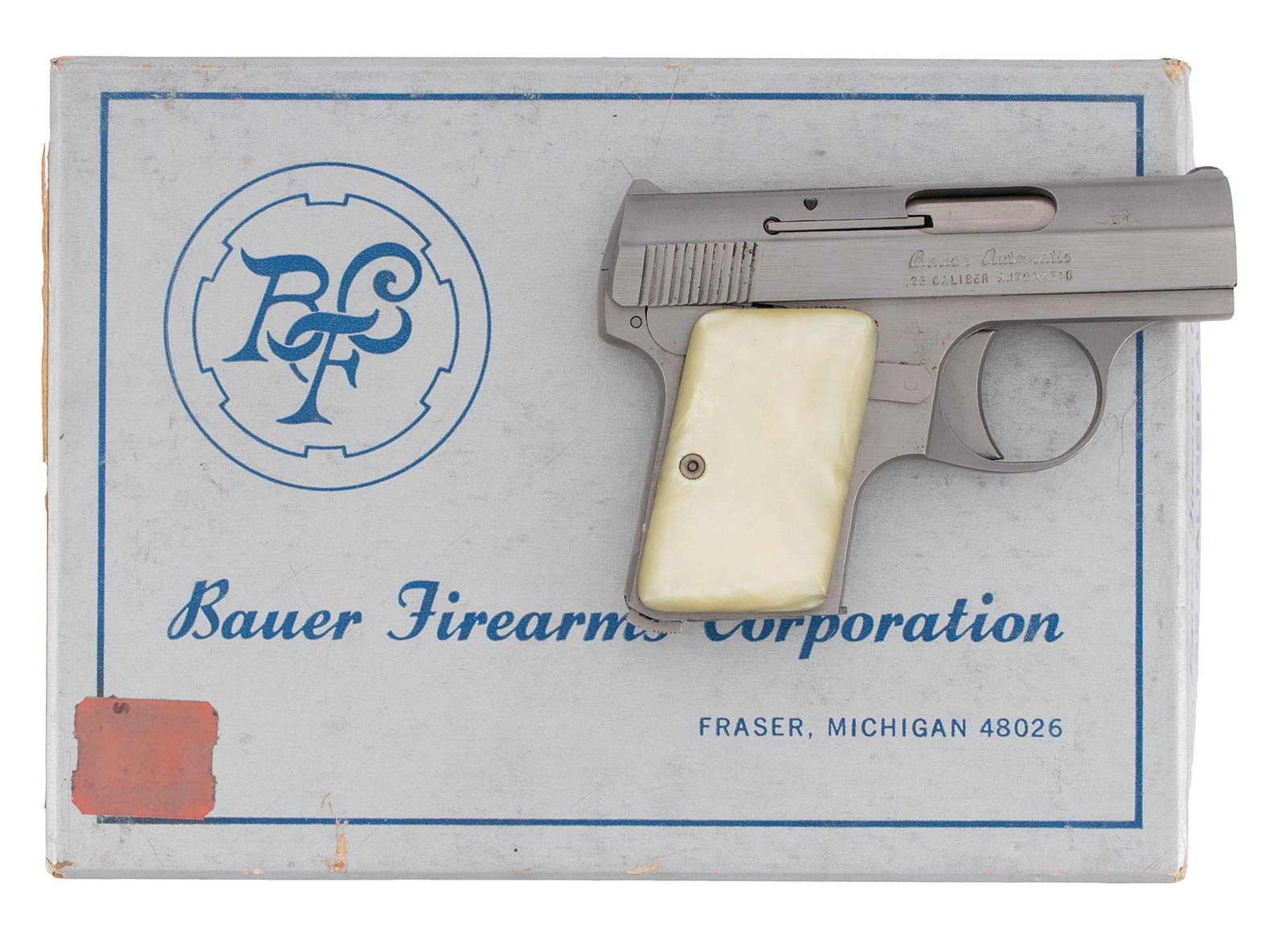 * Bauer Firearms Semi-Auto Pistol: .25 ACP caliber, 2 1/8" barrel, S/N 008073. Stainless steel, pearlite grips, in original box with the original zipper pouch. **Like new in the box.
