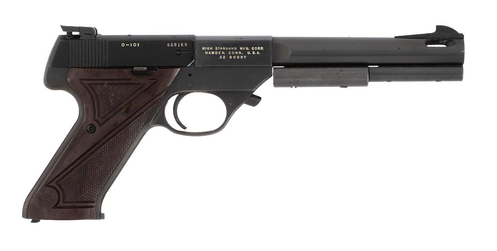 ** Hi-Standard Olympic 0-101 Target Pistol: .22 short caliber, 7" barrel length, S/N 668169. Left side of the frame marked "Olympic". Left side of the slide marked "Hi-Standard". Right side of the slide marked with model and right side of the
