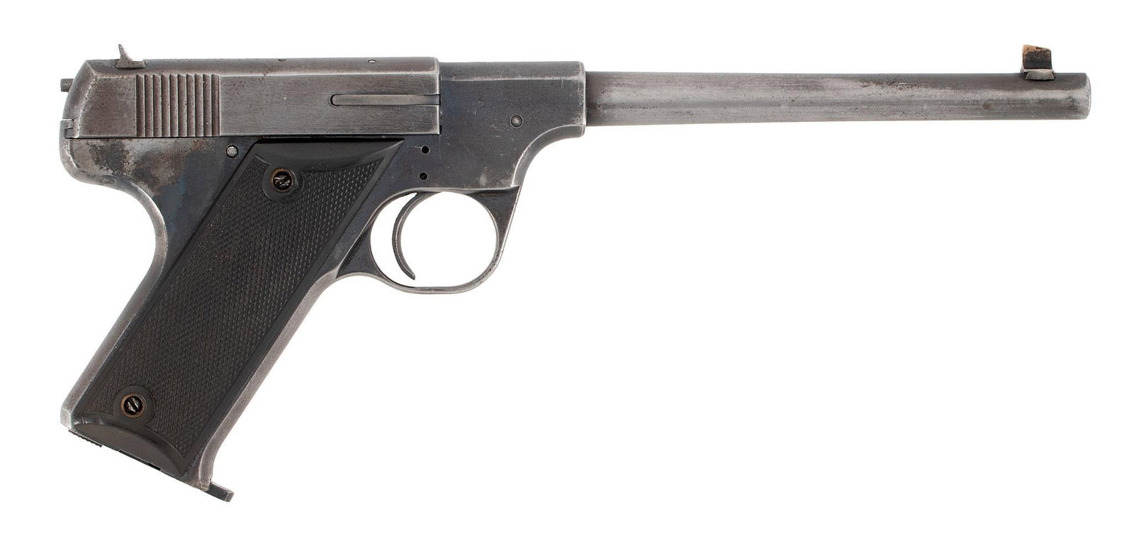 ** Hartford Arms Model 1925 Pistol: .22 Long Rifle caliber, 7" barrel length, S/N 2857. Left side of the frame marked in 4 lines with address over patent over caliber markings. Front blade sight and rear notched sight. Blue finish with