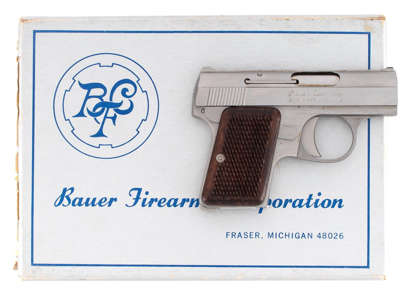 * Bauer Firearms Semi-Auto Pistol: .25 ACP caliber, 2 1/8" barrel, S/N 026746. Stainless steel, checkered walnut grips, in original box with zipper pouch. **Like new in the box.