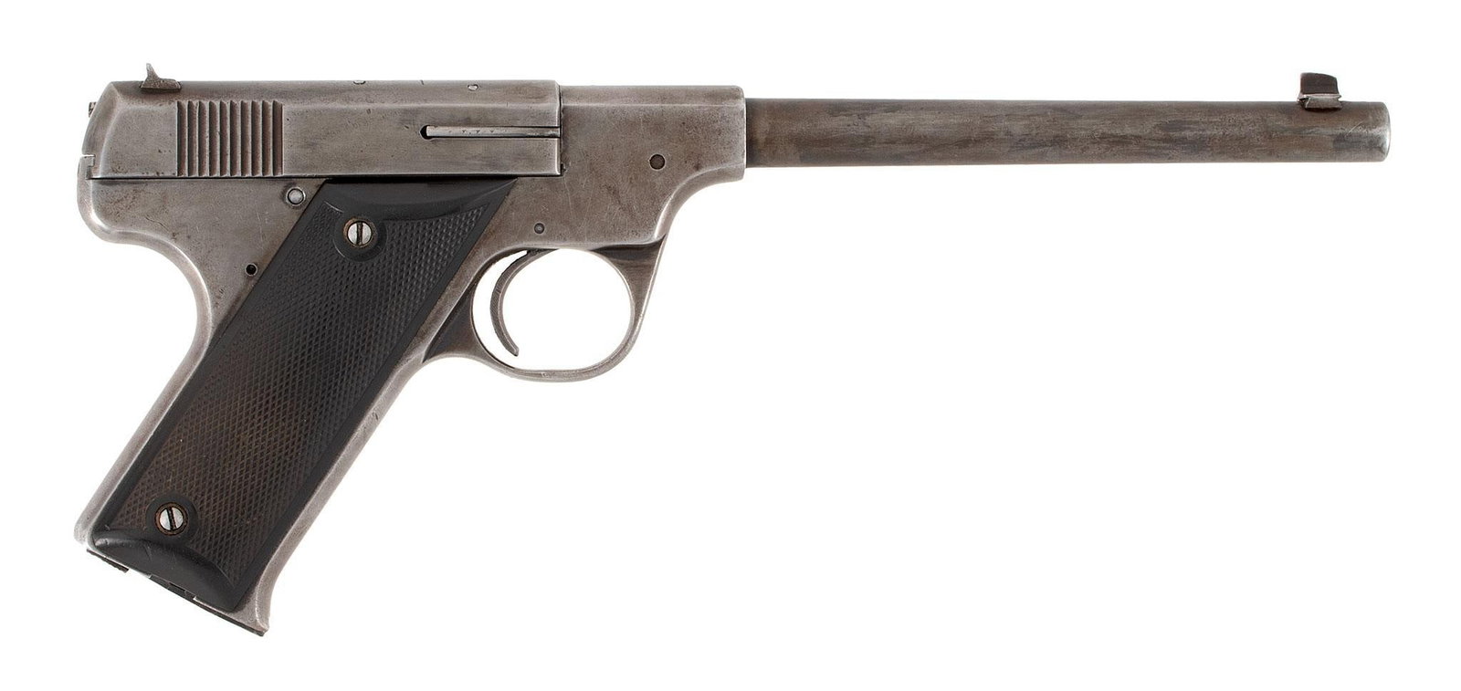 ** Hartford Arms Model 1925 Pistol: .22 Long Rifle caliber, 7" barrel length, S/N 677. Marked in 4 lines on the left side of the frame with address, over patent over caliber markings. Front blade sight and rear notched sight. Blue