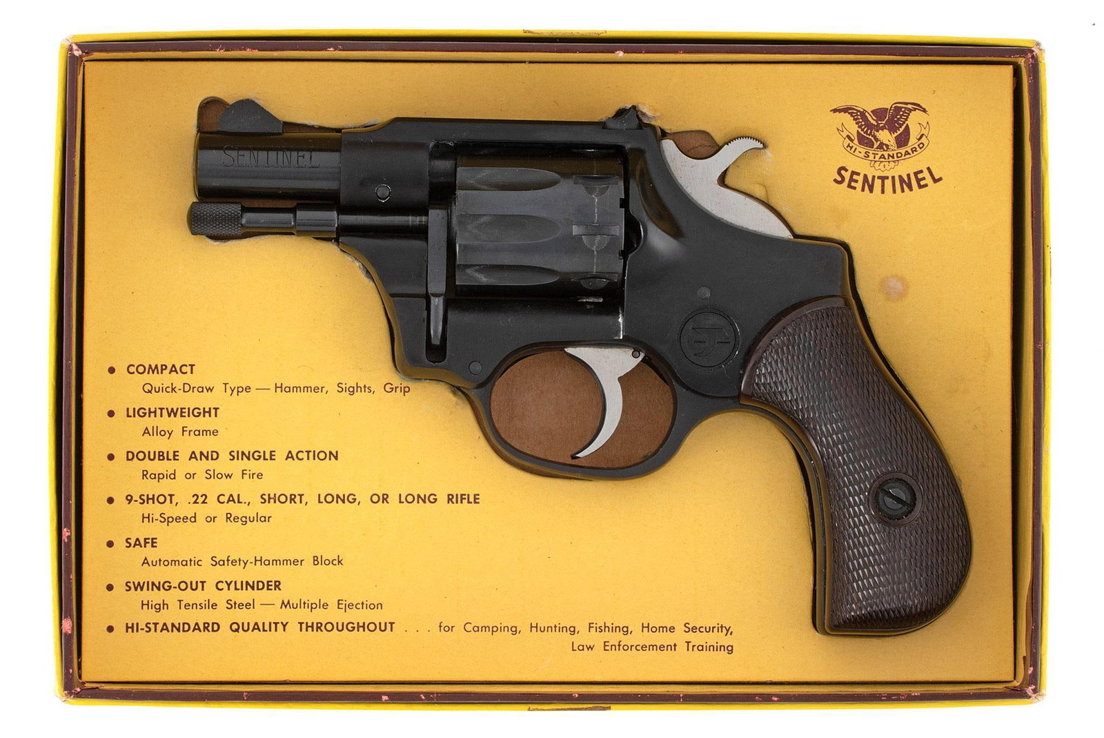 ** Hi-Standard R-108 Sentinel Double Action Revolver in Original Box: .22 S, L, & LR caliber, 2.25" barrel length, S/N 1798674. Left side of the barrel marked "Sentinel." Left side of the frame with logo. Right side of the barrel marked in 3 lines with address and