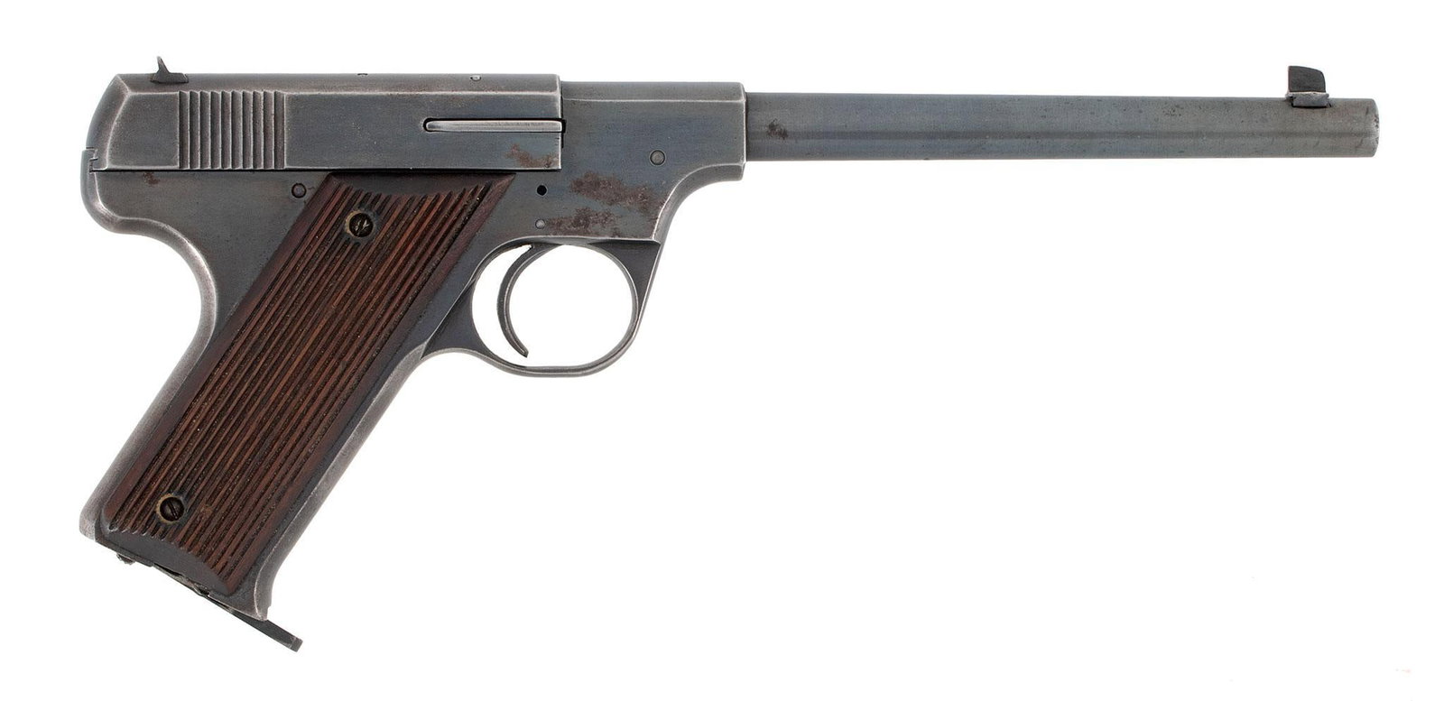 ** Hartford Arms Model 1925 Pistol: .22 Long Rifle caliber, 7" barrel length, S/N 4624. Left side of the frame marked in six lines with manufacturer, patent dates, model, and caliber. Front blade sight and rear notched sight. Blue