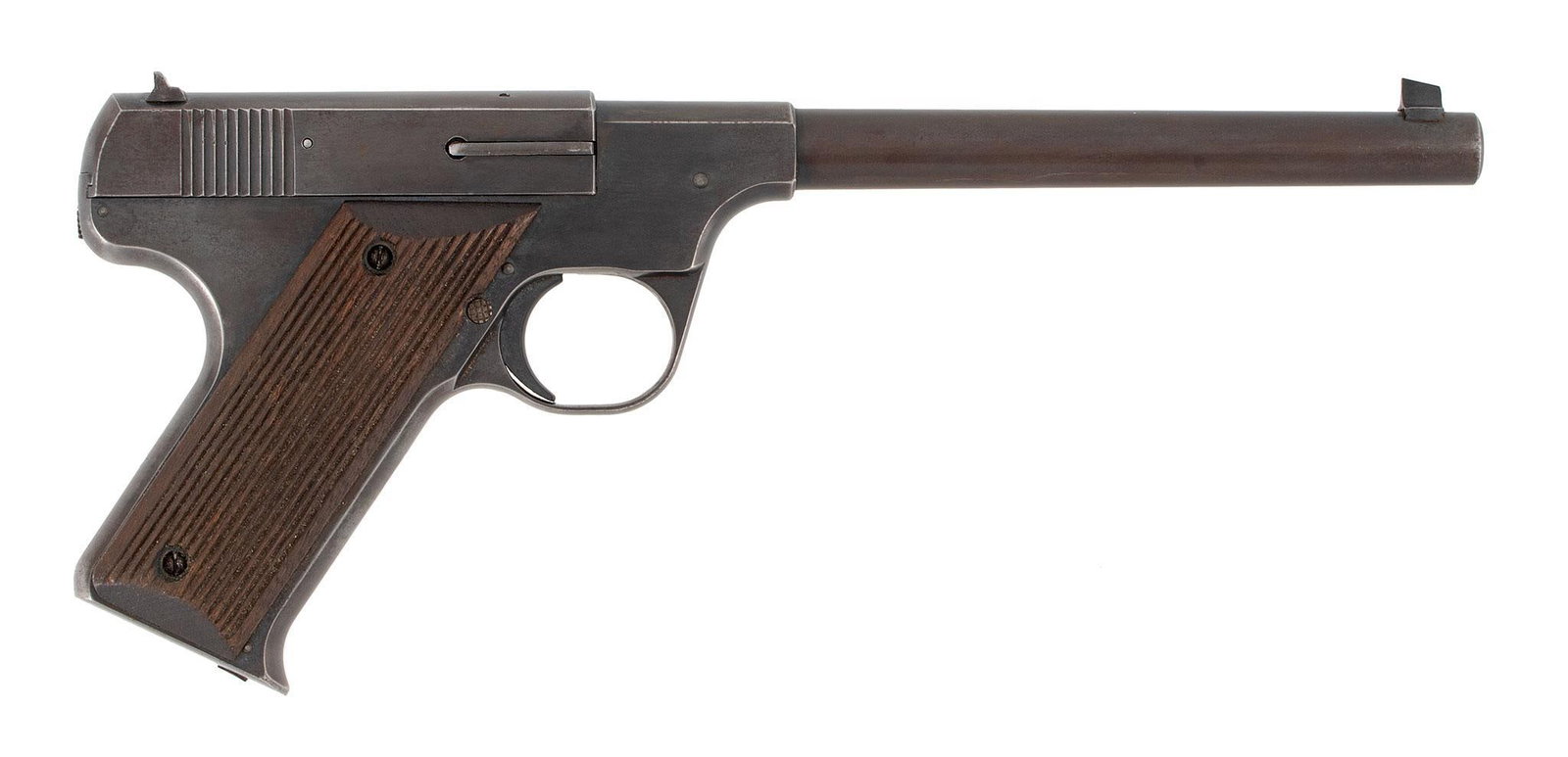 ** Hartford Arms Model 1925 Single Shot Pistol: .22 Long Rifle caliber, 7" barrel length, S/N 1547. Left side of the frame marked in 4 lines with address over patent over caliber markings. Front blade sight and rear notched sight. Grooved walnut