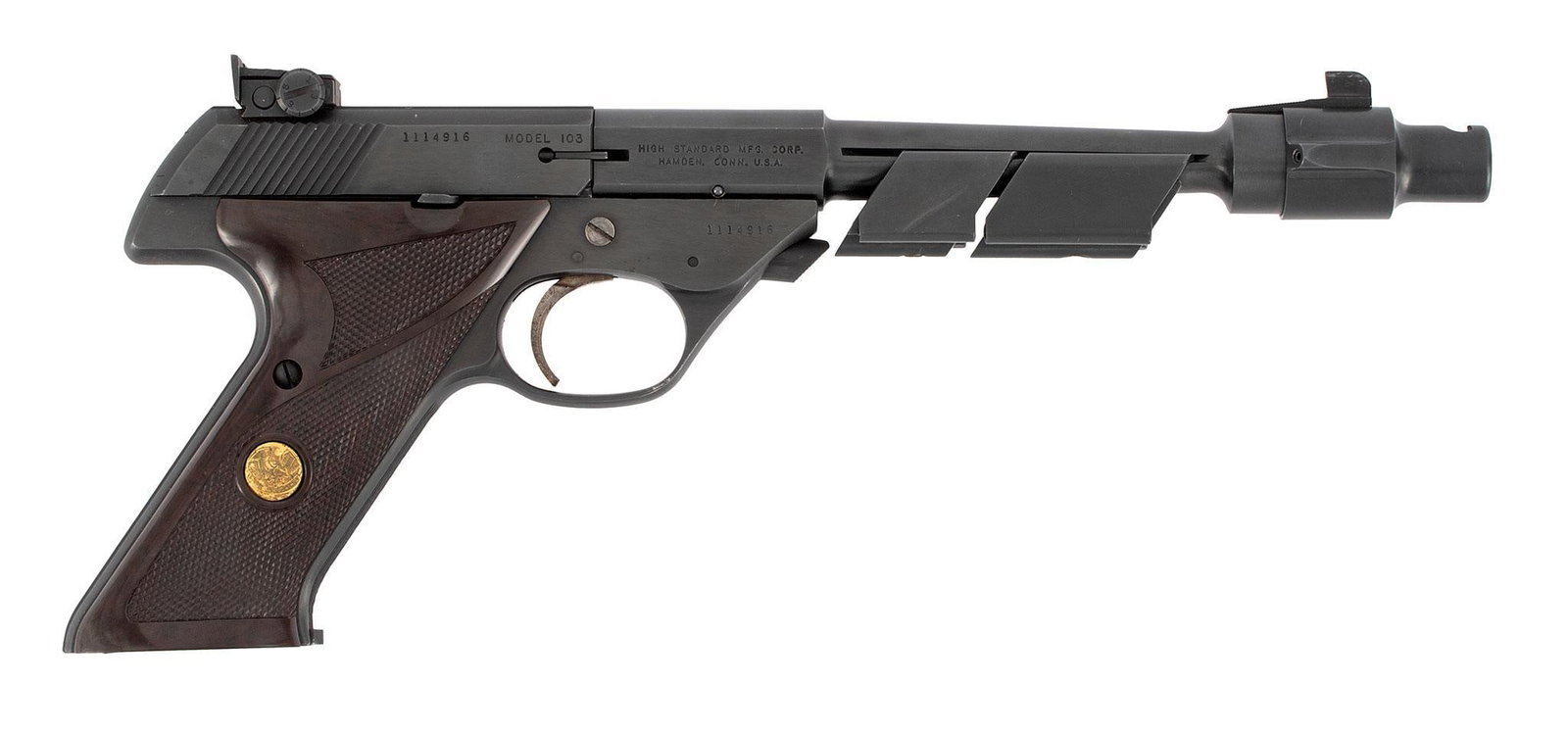 ** Hi-Standard US Model 103 Supermatic Citation Target Pistol: .22 long rifle caliber, 8" barrel length, S/N 1114916. Left side of the frame marked with caliber. Under caliber markings is "Supermatic" over "Citation" over "US". Left side of the slide marked