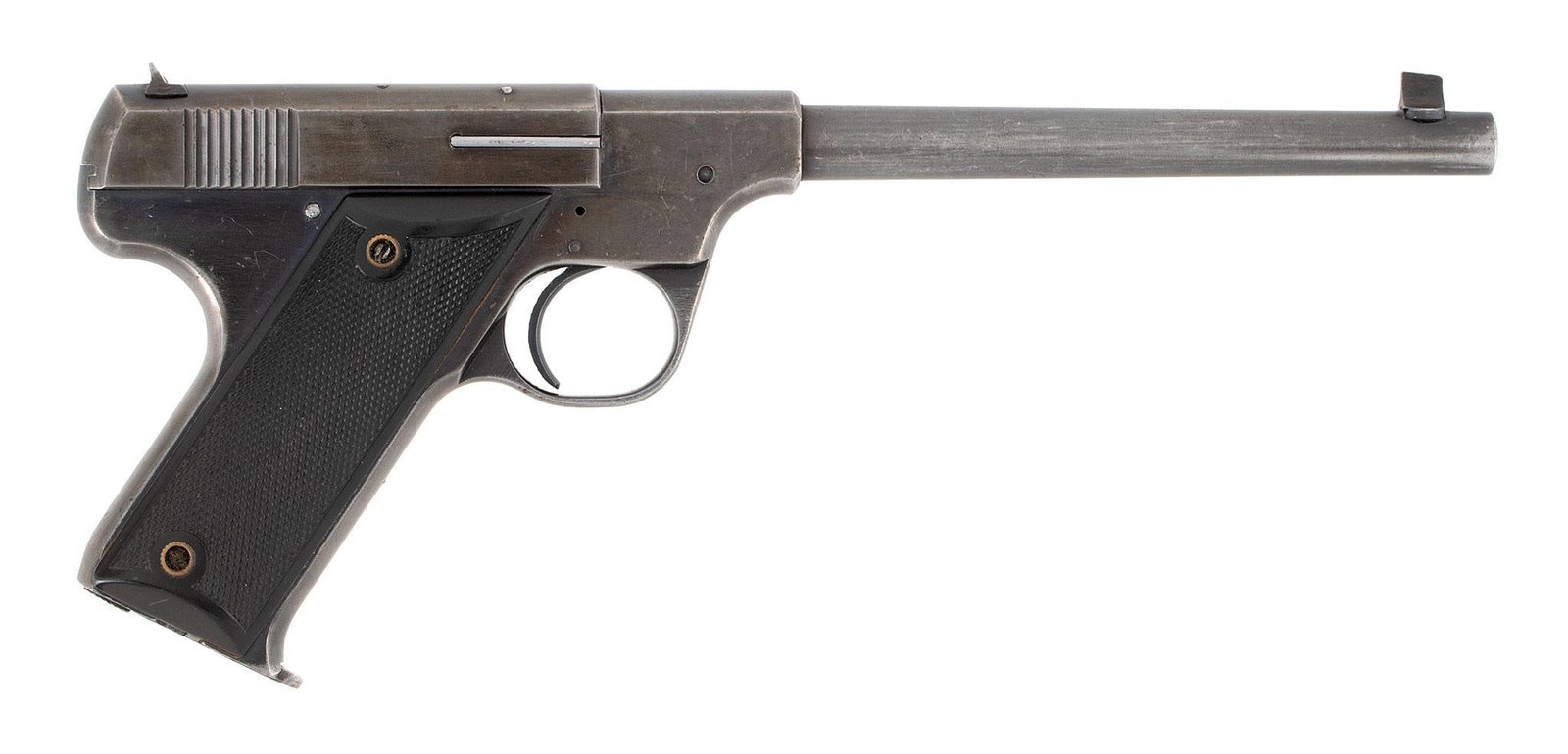** Hartford Arms Model 1925 Pistol: .22 Long Rifle, 7" barrel length, S/N 113. Left side of the frame marked in six lines with manufacture and address over patent dates over caliber markings. Front blade sight and rear notched sight. Bl
