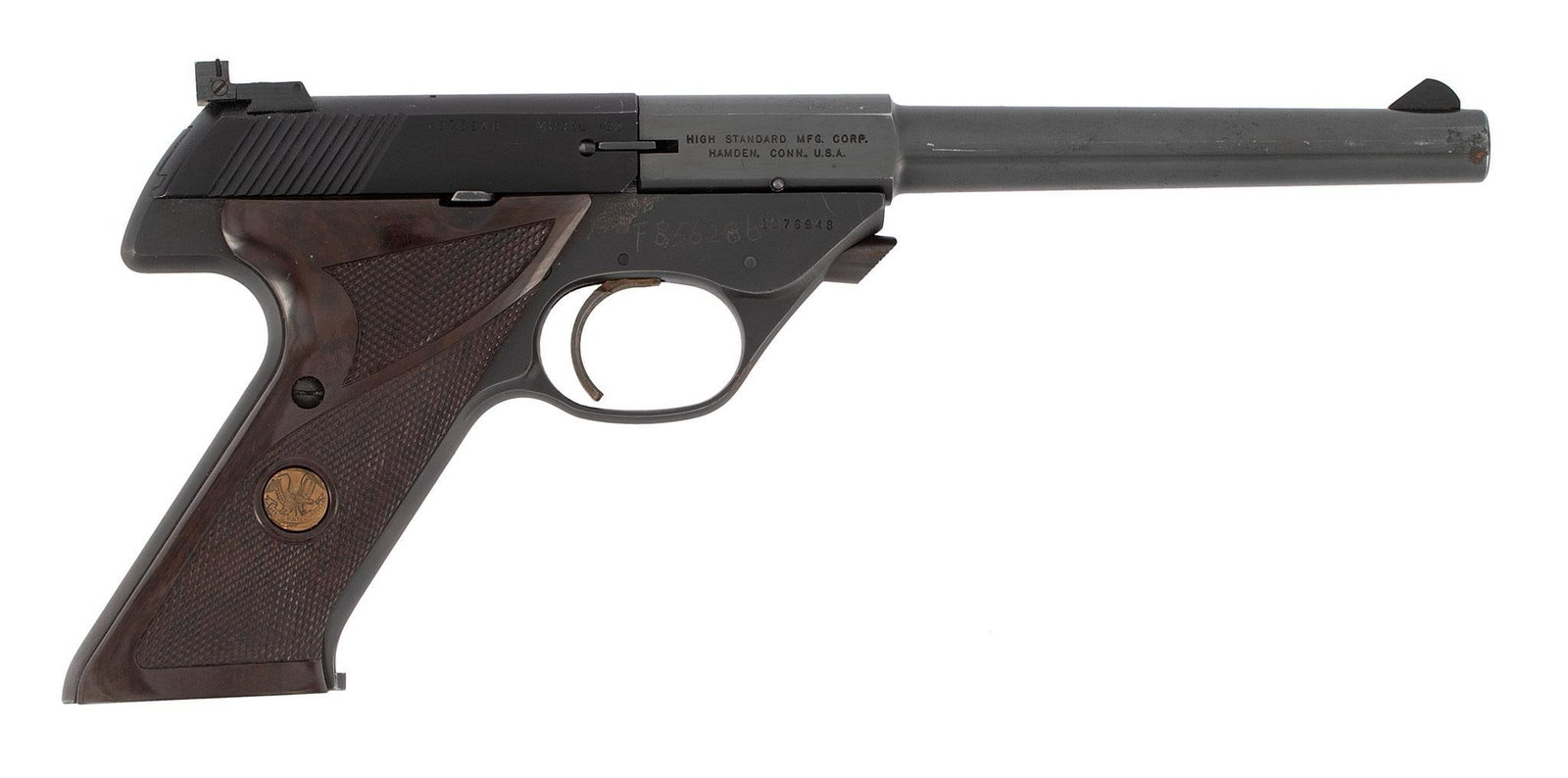 ** Hi-Standard Model 102 Flite King: .22 short caliber, 7" barrel length, S/N 1076948. Left side of the frame marked with caliber next to logo over "Flite King". Left side of the slide marked "Hi-Standard". Right side of the frame marked