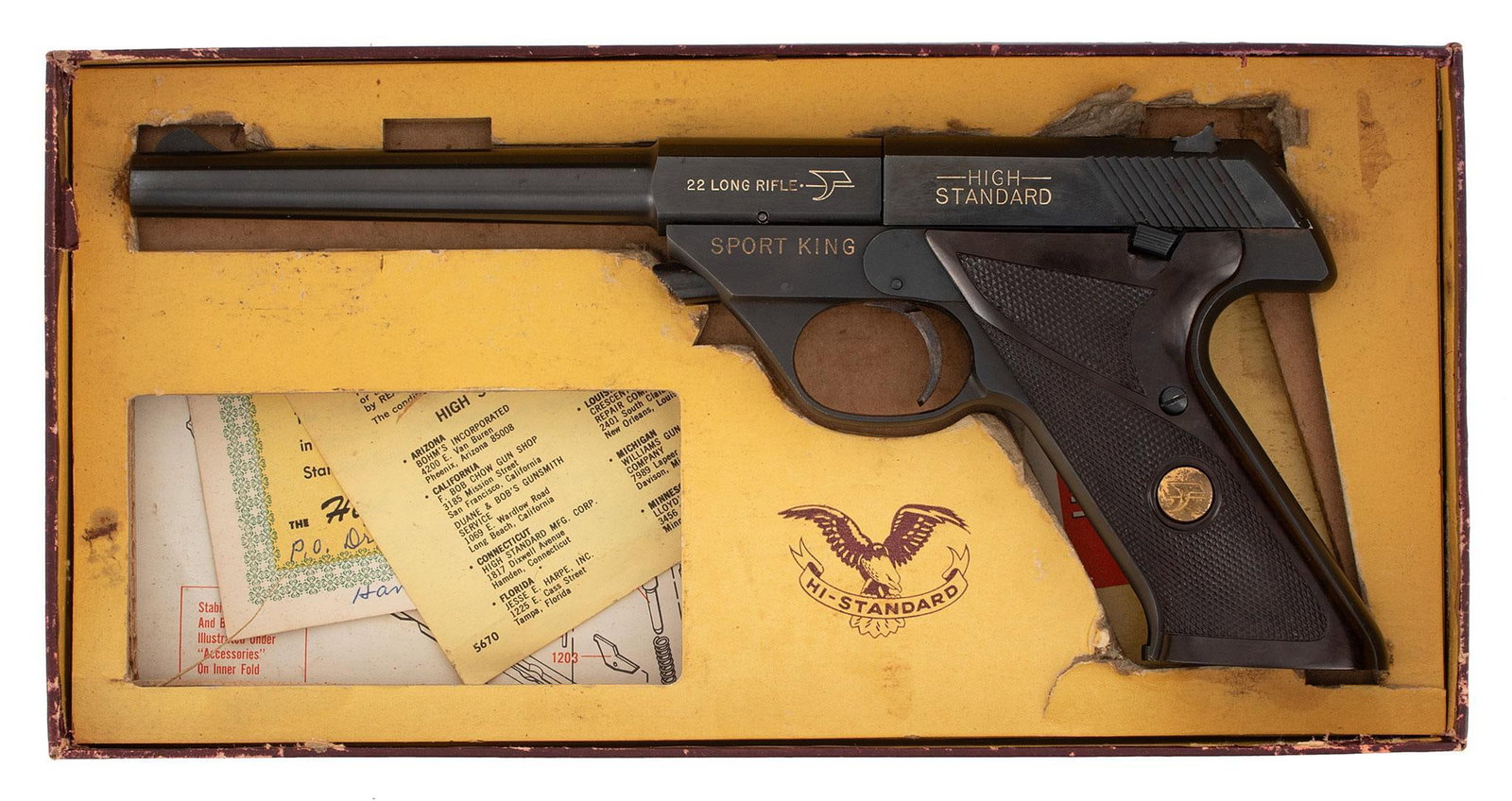 ** Hi-Standard Model 103 Sport King Target Pistol: .22 long rifle caliber, 6.75" barrel length, S/N 2097538. Left side of the frame marked with caliber over "Sport King". Left side of the slide marked "High" over "Standard". Right side of the frame ma