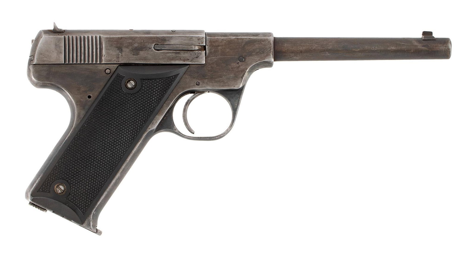 ** Hartford Arms Model 1925 Pistol: .22 Long Rifle caliber, 7" barrel length, S/N 3903. Left side of the frame marked in four lines with Hartford Arms address over patent dates over caliber markings. Front blade sight and rear notched s