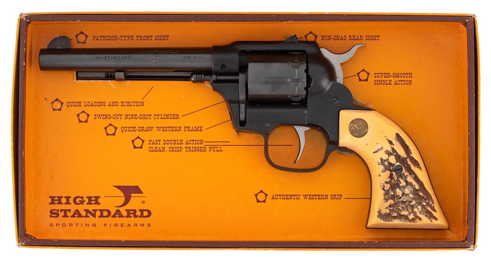 ** Hi-Standard Double 9 Revolver: .22 caliber, 5.5" barrel, S/N 2029920. Blue finish with stag lite grips and Hi-Standard medallions. This revolver is like new in the box.
