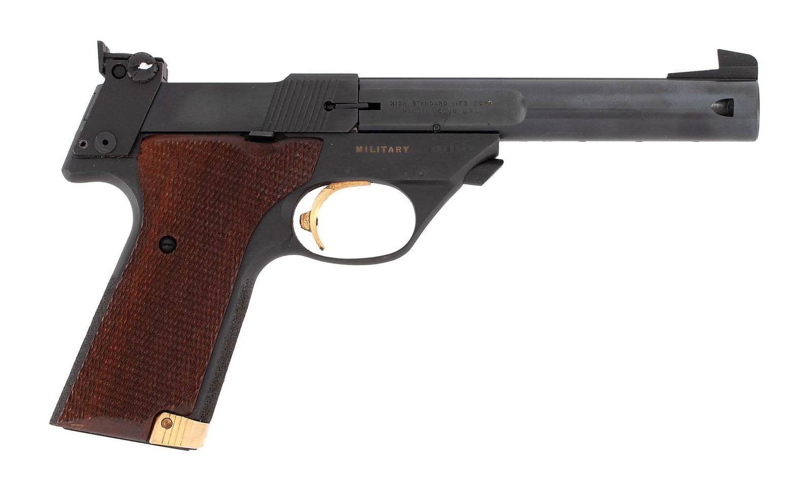 **Hi-Standard Supermatic Trophy Military Target Pistol: .22LR caliber, 5.5" barrel, S/N 2469468. Blue finish, target sights, gold trigger, gold slide release and magazine release. In the black two piece box with Styro foam lining. This pistol is new in the