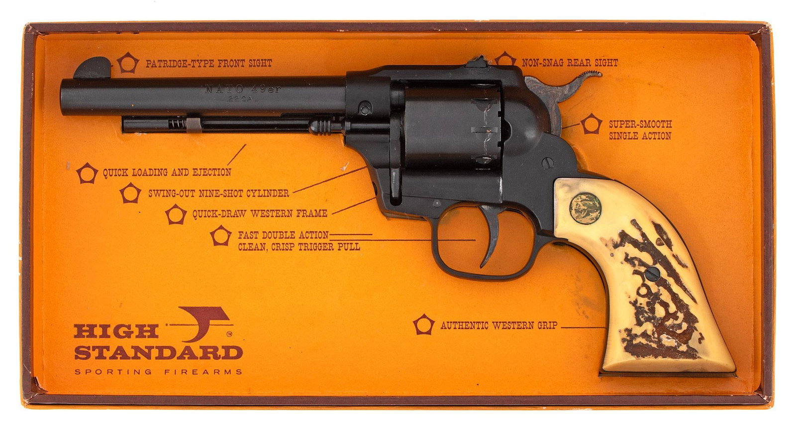 ** Hi-Standard Nato 49er Revolver: .22 caliber, 5.5" barrel, S/N 2252038. Satin blue finish with stag lite grips and Hi-Standard medallions. This revolver is like new in the original Hi-Standard box.